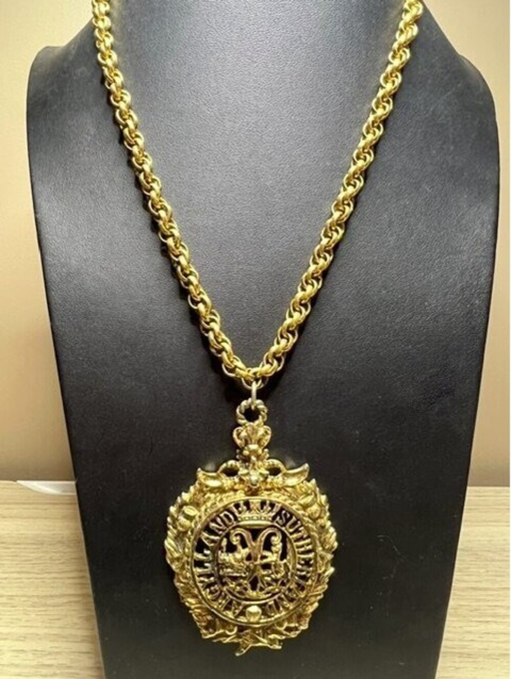 B7578 Vintage Coro GERMANY Gold Tone Crest Monogram Pendant 20" thick chain